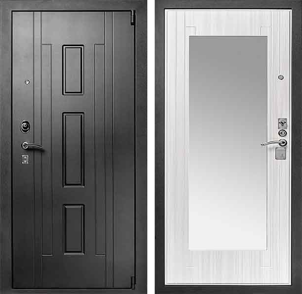 Входная дверь в квартиру ЛД-787 двойной МДФ серый и белый дуб с зеркалом