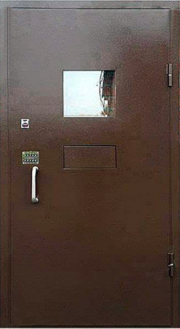 Железная техническая дверь ЛД-408 с кассовым лотком, кодовым замком и стеклом